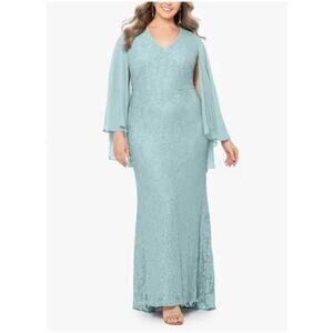 Betsy & Adam Lace Chiffon Cape Sleeve Gown Sage Size 8 NWT Feminine Form-Fitting